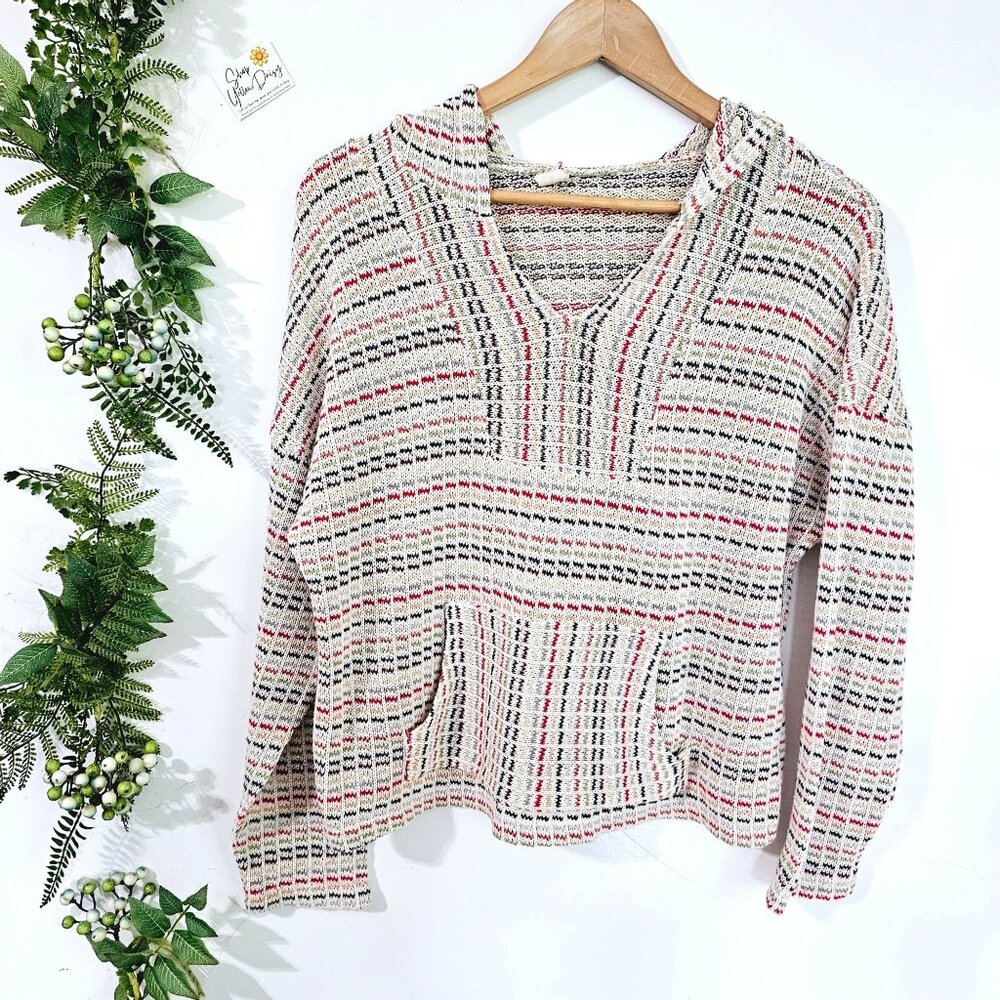 Lazy Sundays Striped Knit Baja Hoodie Multi-Color V-Neck Pullover Sweater L